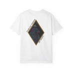 White heavyweight cotton t-shirt with neon-style graphic and "Fear No Terror of Night" text design on back.