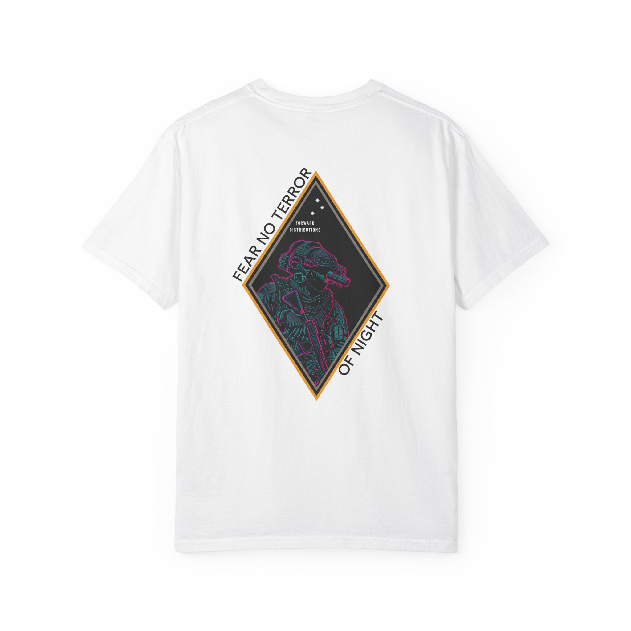 White heavyweight cotton t-shirt with neon-style graphic and "Fear No Terror of Night" text design on back.