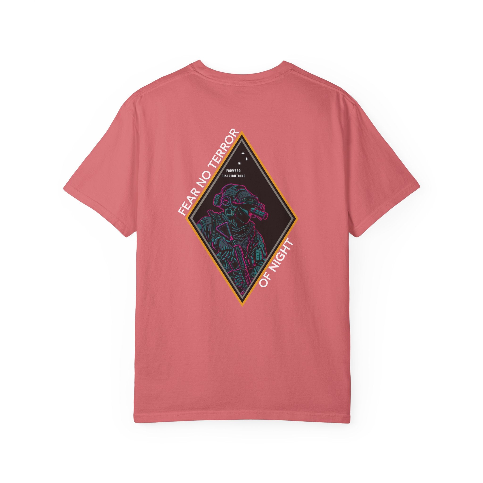Watermelon heavyweight cotton t-shirt with neon-style graphic and "Fear No Terror of Night" text design on back.