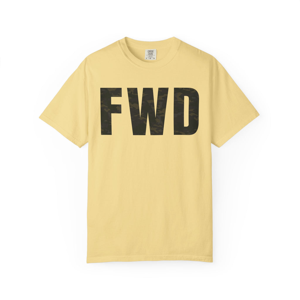 Butter heavyweight cotton t-shirt with multicam camo "FWD" text, relaxed fit and rib collar, garment-dyed finish.