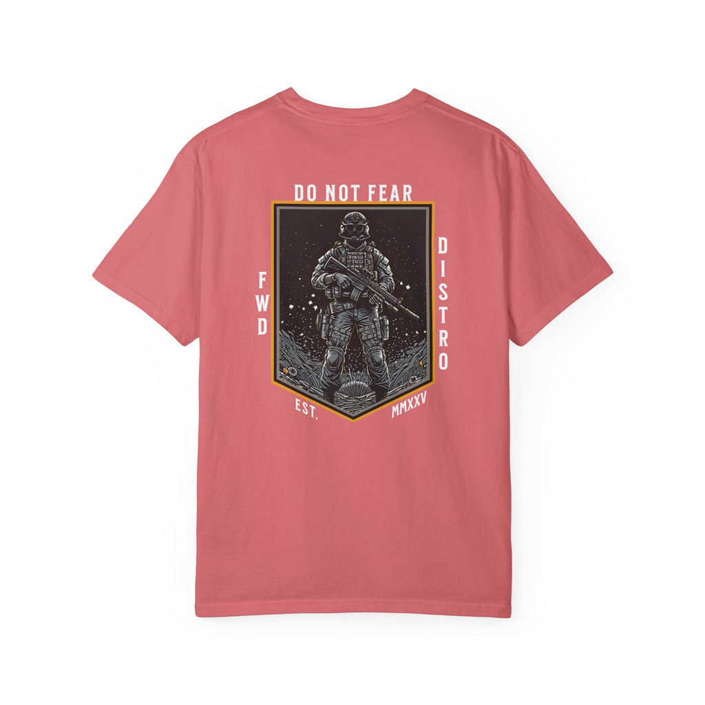 Watermelon heavyweight cotton T-shirt with Soldier holding rifle graphic and Do Not Fear text design on back.