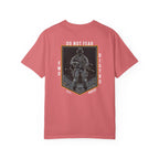 Watermelon heavyweight cotton T-shirt with Soldier holding rifle graphic and Do Not Fear text design on back.