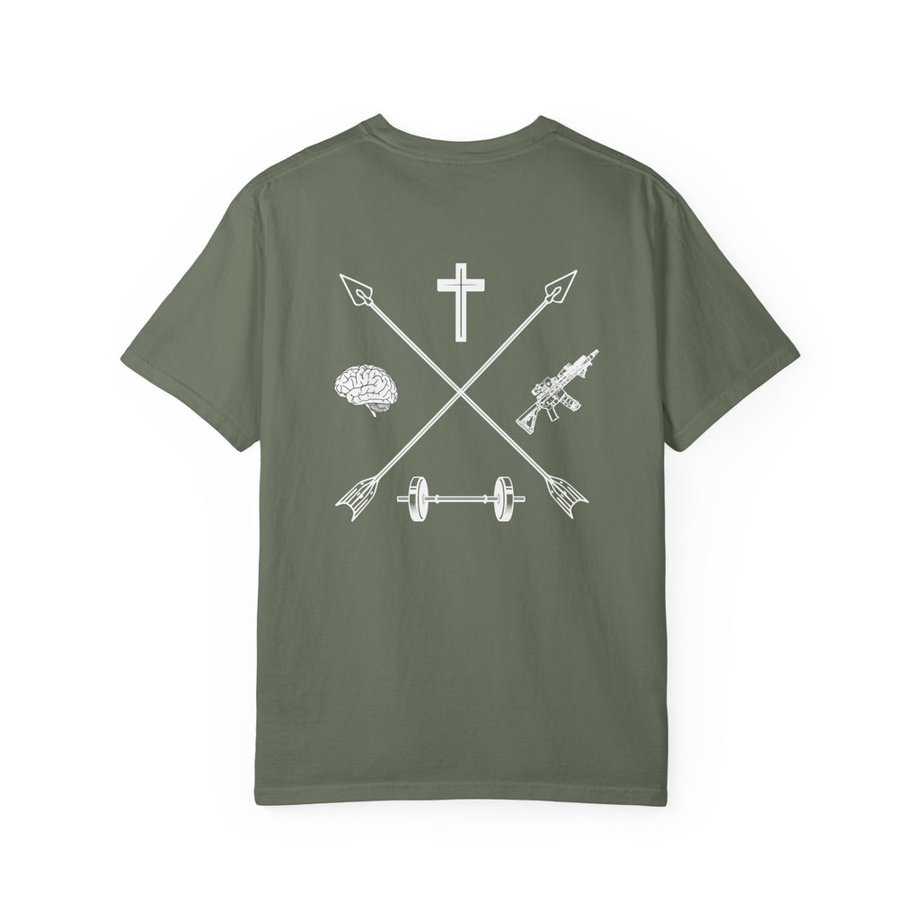Moss Balanced Life t-shirt featuring crossed arrows with a cross, brain, dumbbell, and rifle graphic on back.