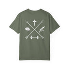 Moss Balanced Life t-shirt featuring crossed arrows with a cross, brain, dumbbell, and rifle graphic on back.