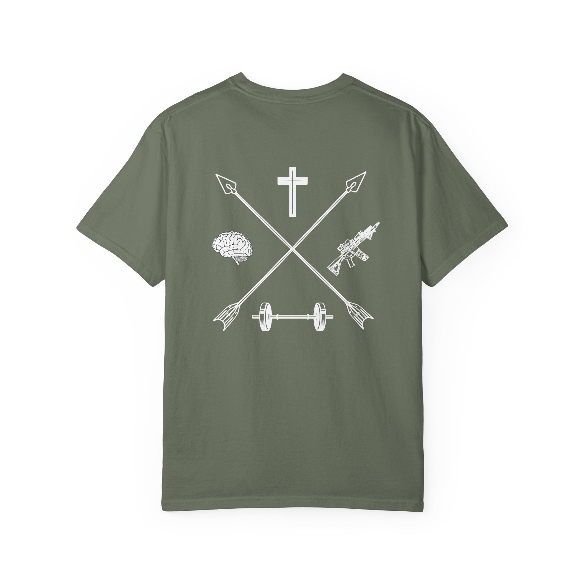 Moss Balanced Life t-shirt featuring crossed arrows with a cross, brain, dumbbell, and rifle graphic on back.