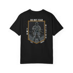 Black heavyweight cotton T-shirt with Soldier holding rifle graphic and Do Not Fear text design on back.