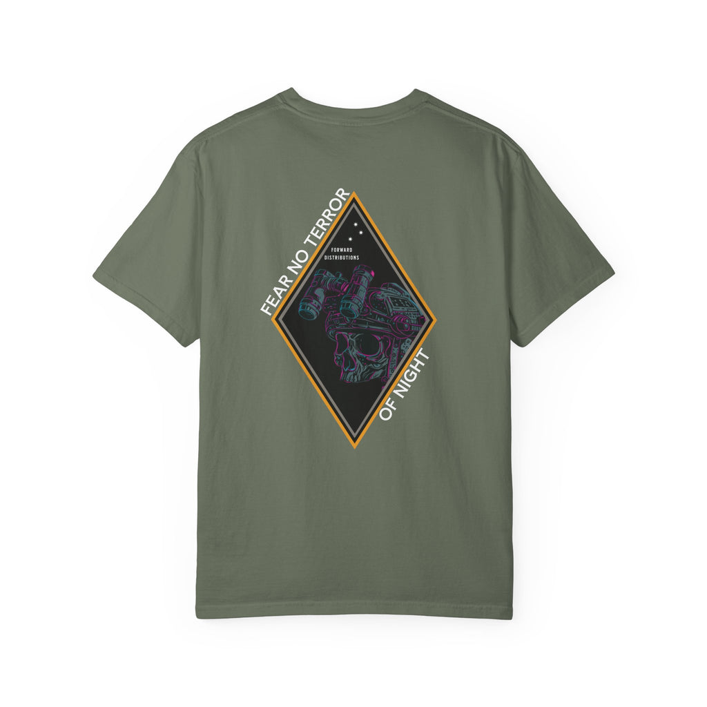 Moss heavyweight cotton t-shirt with Fear No Terror of Night graphic featuring skull and night vision goggles design.
