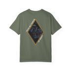 Moss heavyweight cotton t-shirt with Fear No Terror of Night graphic featuring skull and night vision goggles design.
