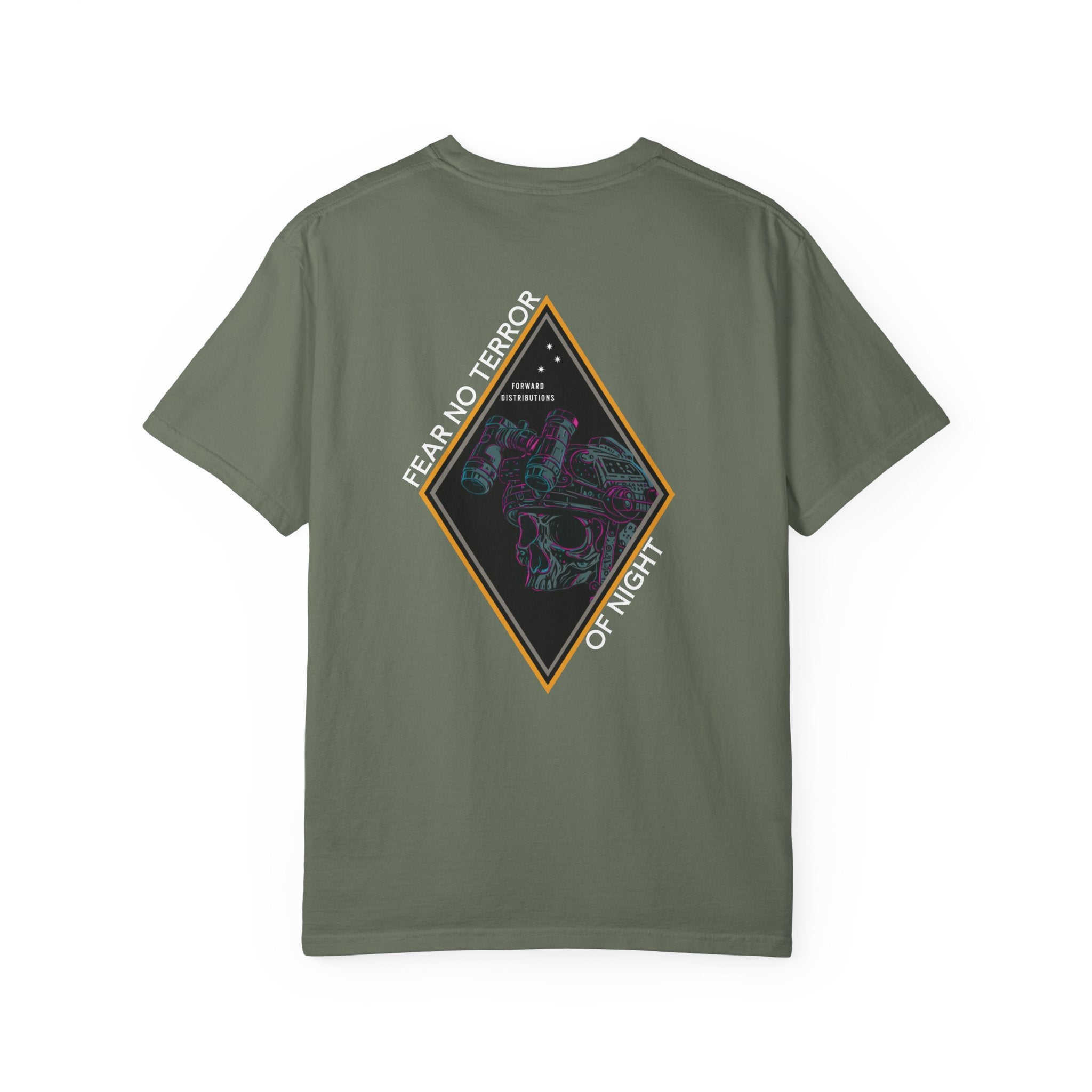 Moss heavyweight cotton t-shirt with Fear No Terror of Night graphic featuring skull and night vision goggles design.