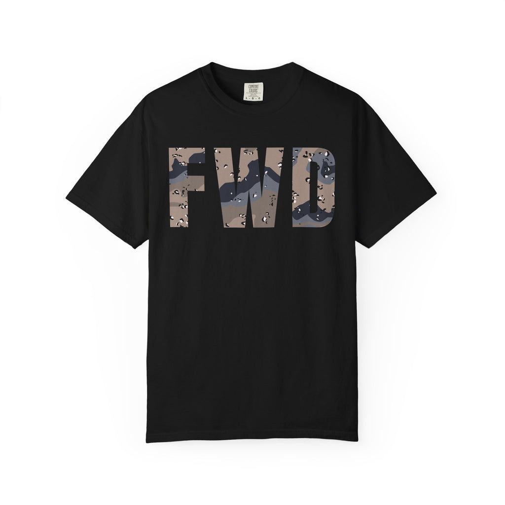 Black heavyweight cotton t-shirt with FWD text in blueberry chip camouflage print, relaxed fit and rib collar.