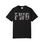 Black heavyweight cotton t-shirt with FWD text in blueberry chip camouflage print, relaxed fit and rib collar.