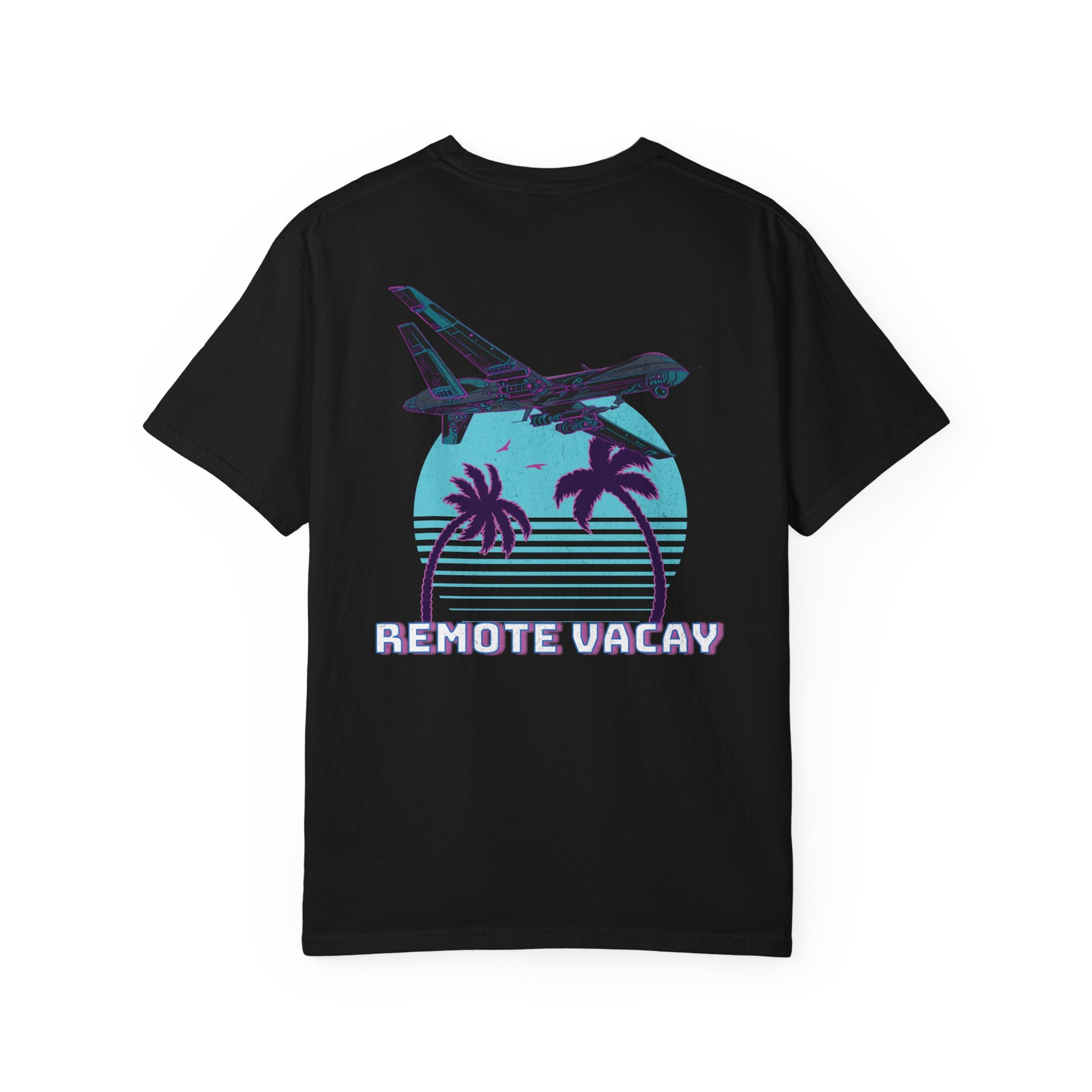 Black heavyweight cotton t-shirt with retro airplane, palm trees, and "Remote Vacay" text graphic on back.