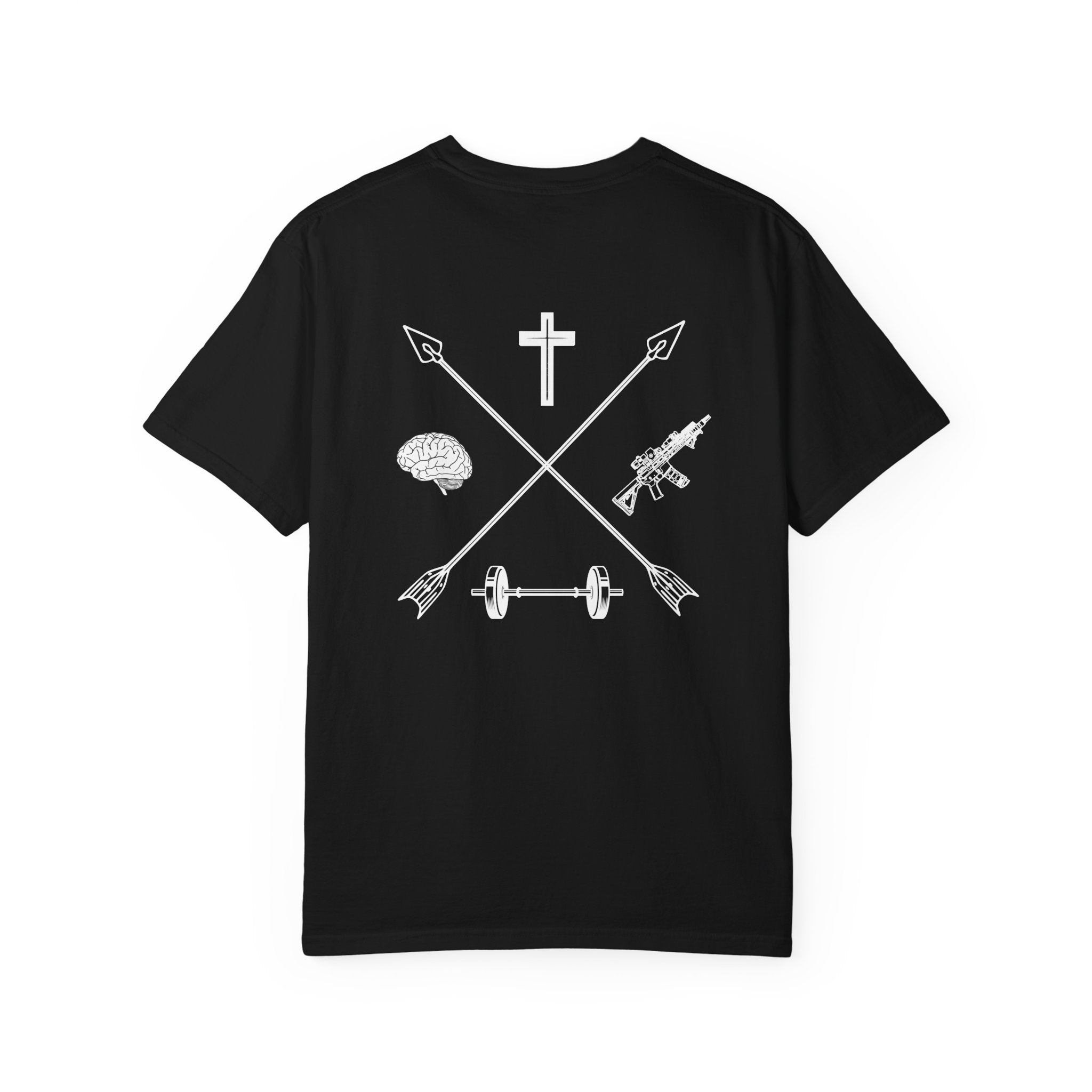 Black Balanced Life t-shirt featuring crossed arrows with a cross, brain, dumbbell, and rifle graphic on back.