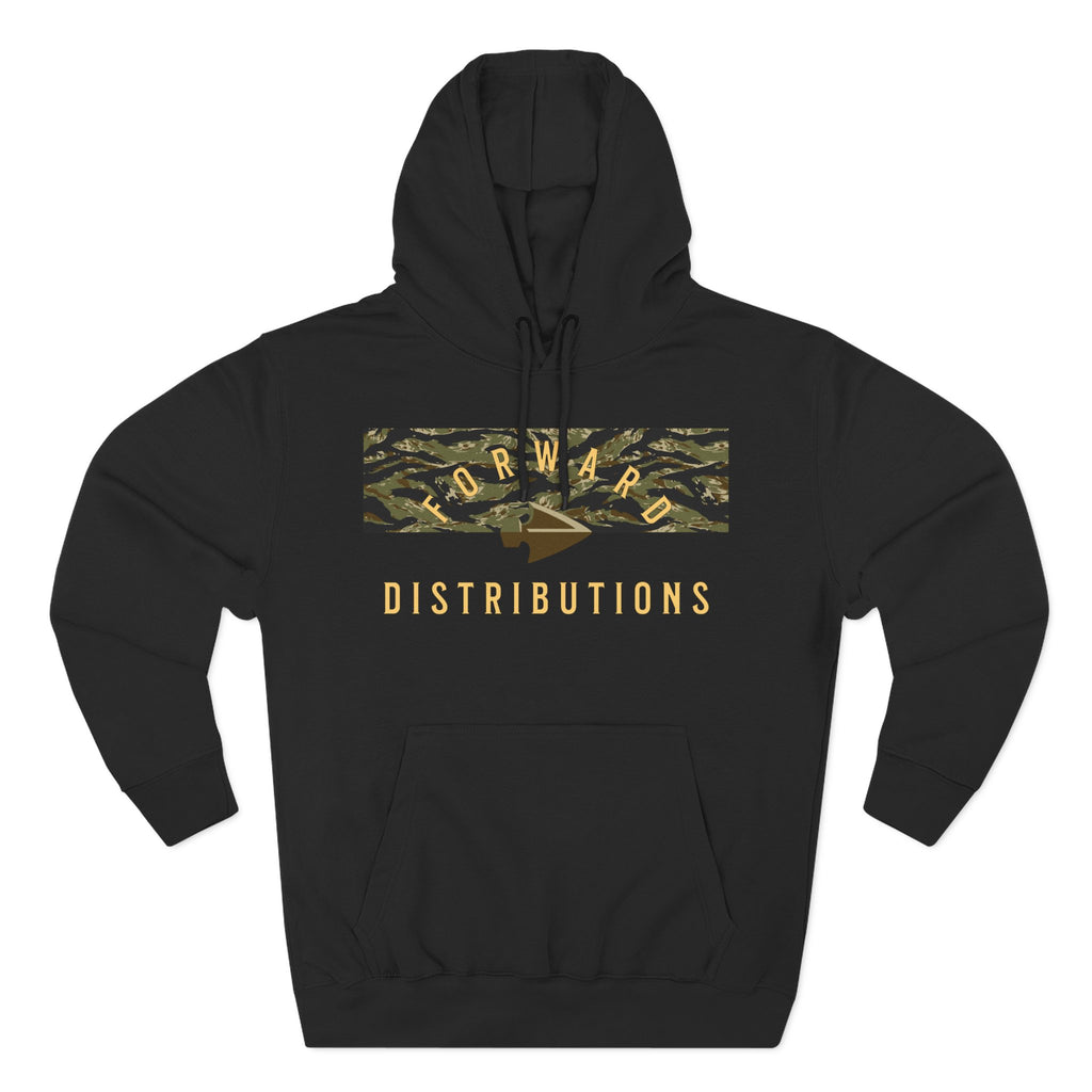 Black hoodie with 'Forward Distributions' logo on Tiger Stripe Camo