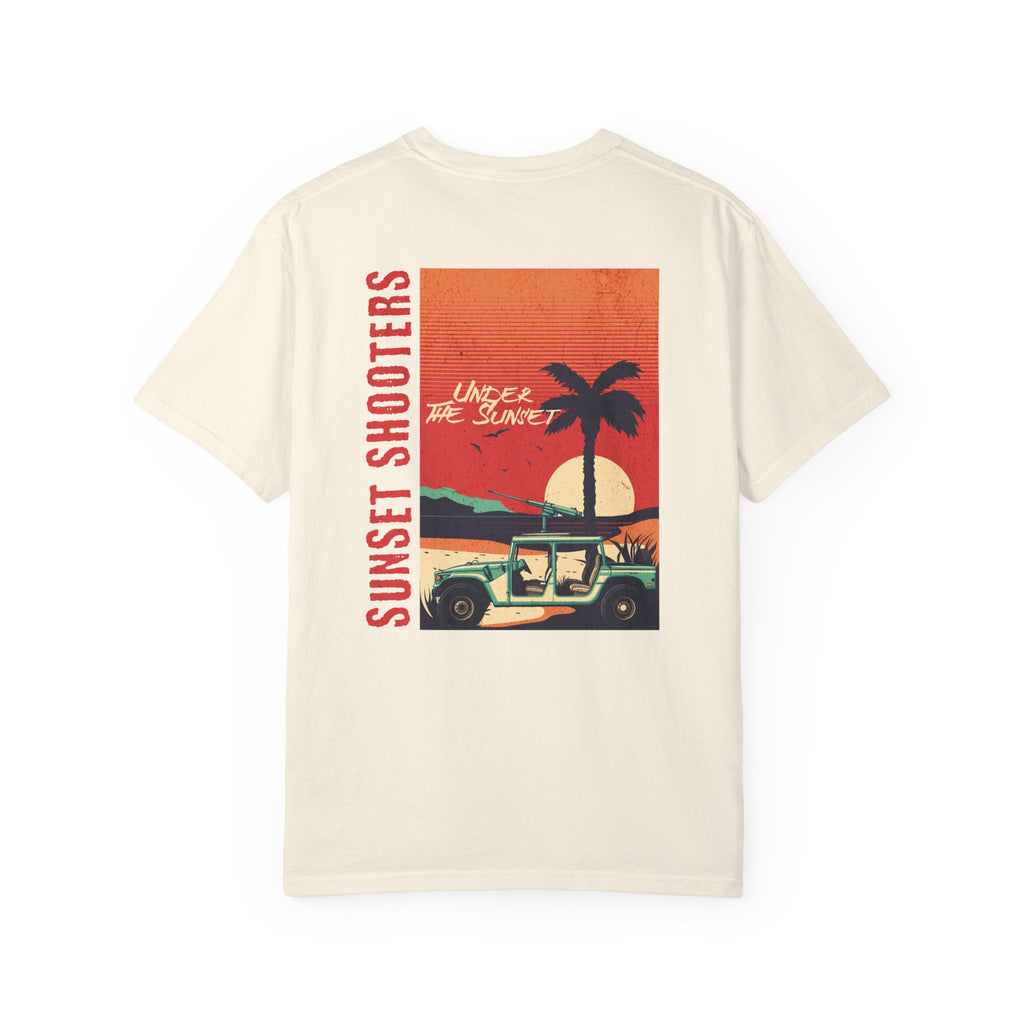 Ivory t-shirt with a graphic design of a sunset, palm tree, and jeep.