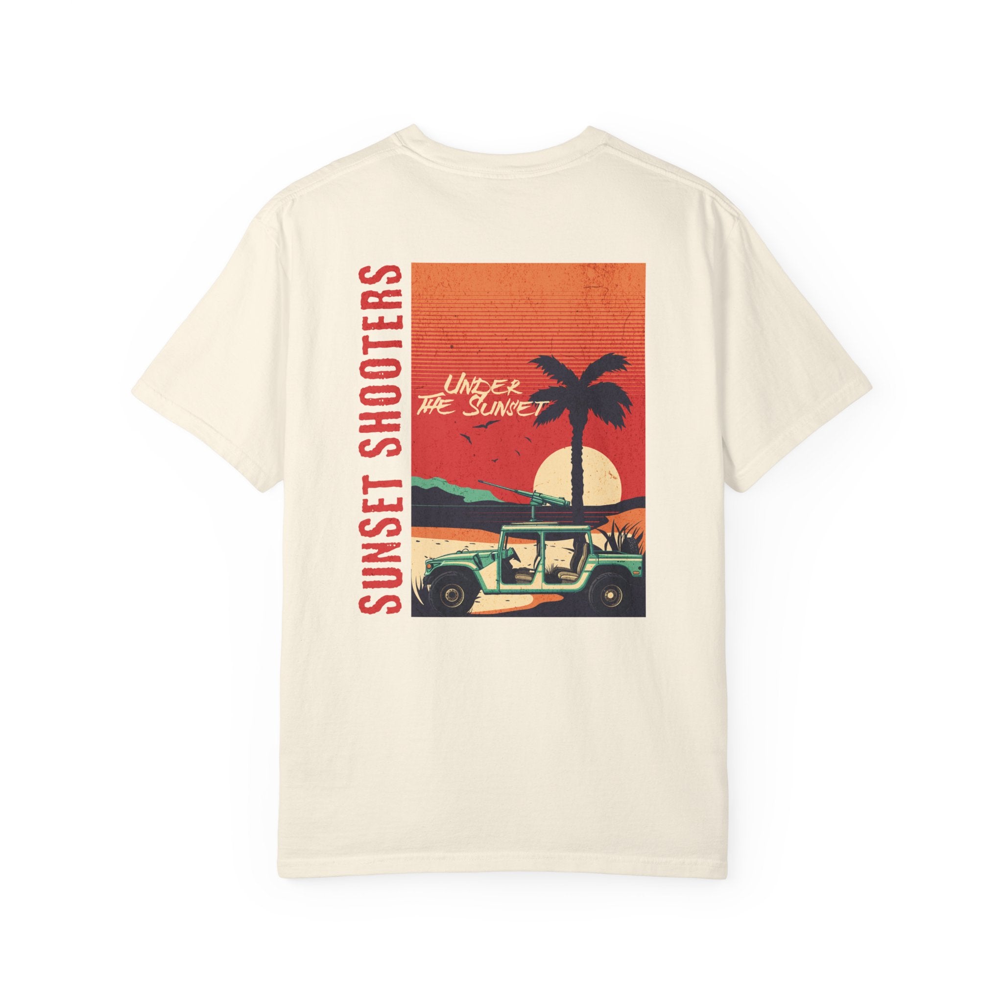 Ivory t-shirt with a graphic design of a sunset, palm tree, and jeep.