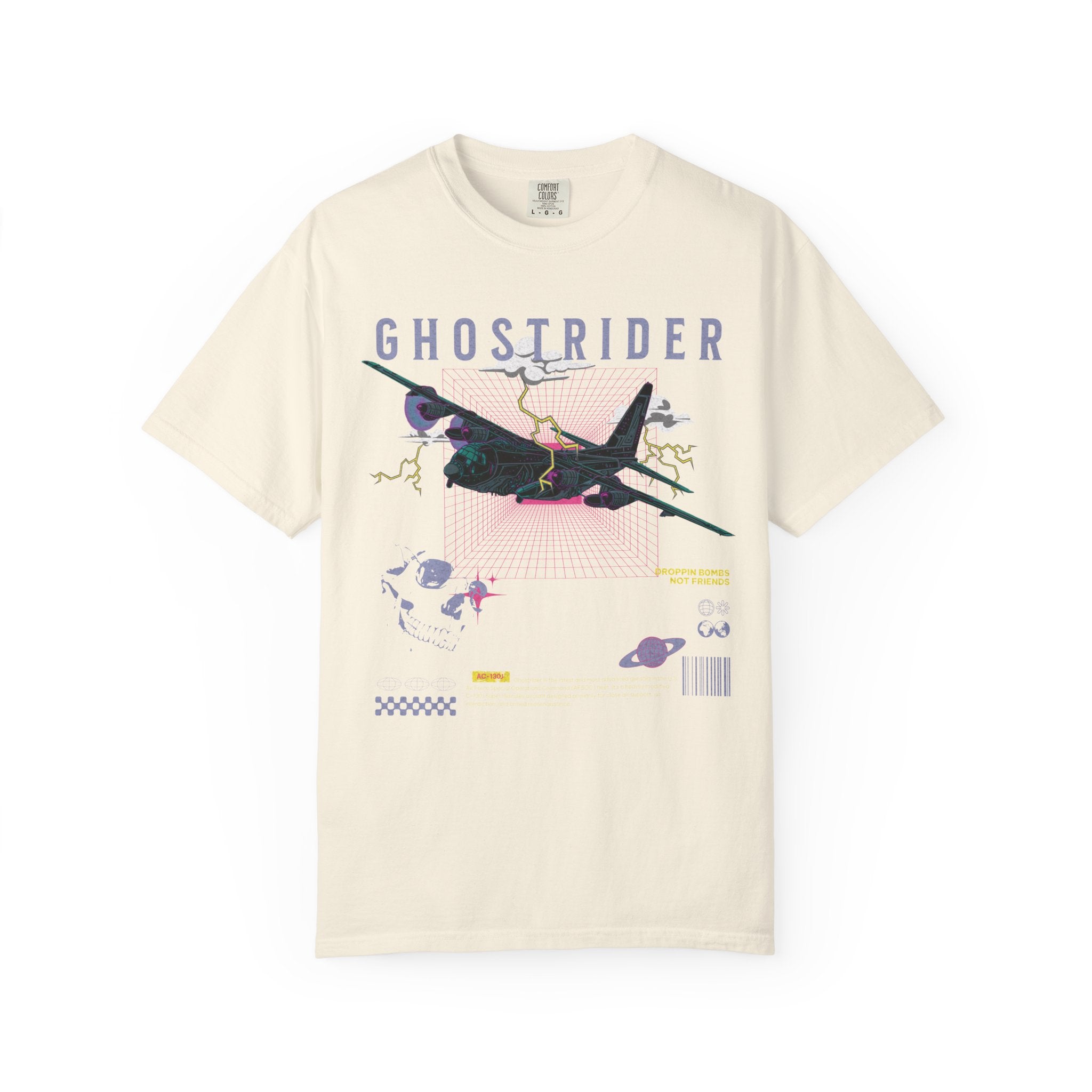Ivory Ghostrider AC130J graphic t-shirt with futuristic aircraft and space-themed design elements