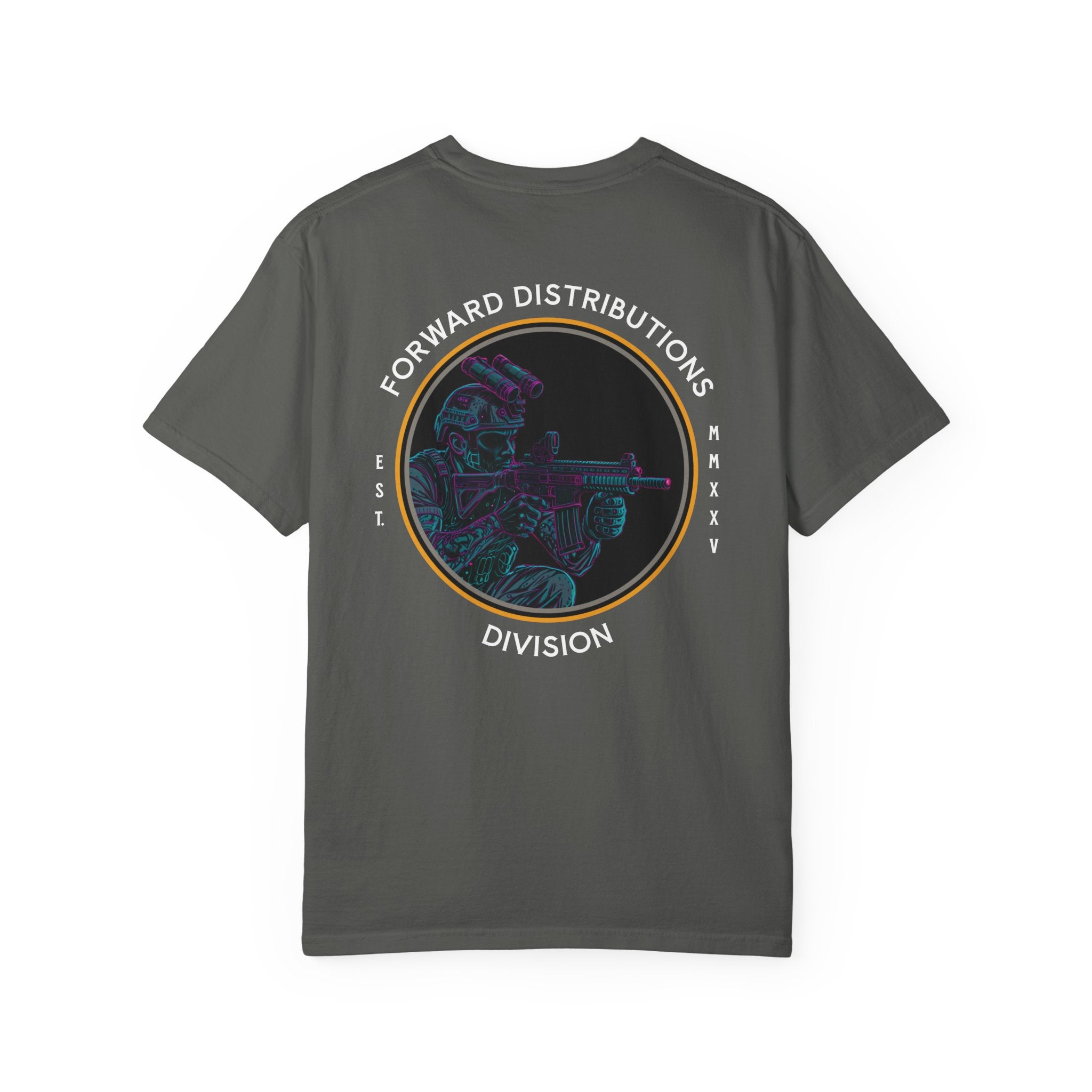 Pepper heavyweight cotton t-shirt with a colorful soldier graphic and Forward Distributions Division text on the back.