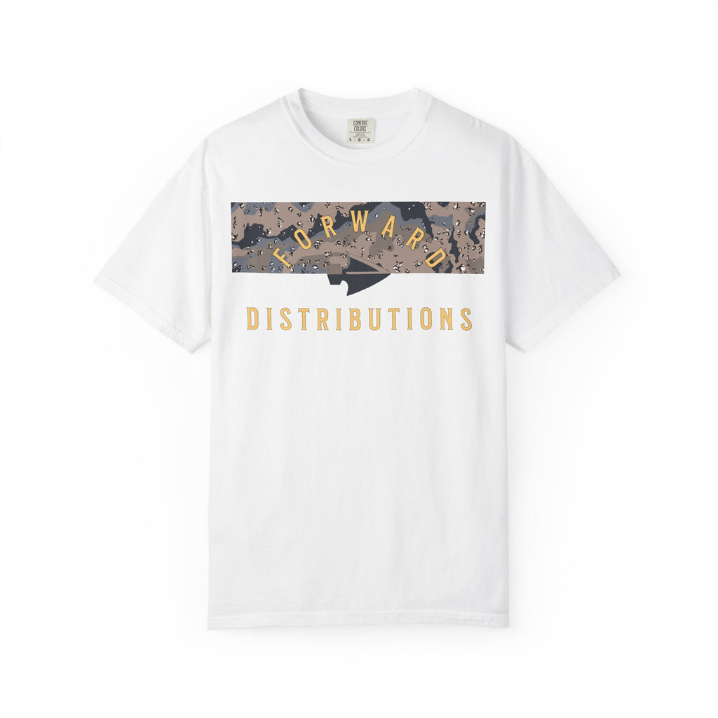 White Forward Distributions Logo T-Shirt with Blueberry Chip Split Camo Block