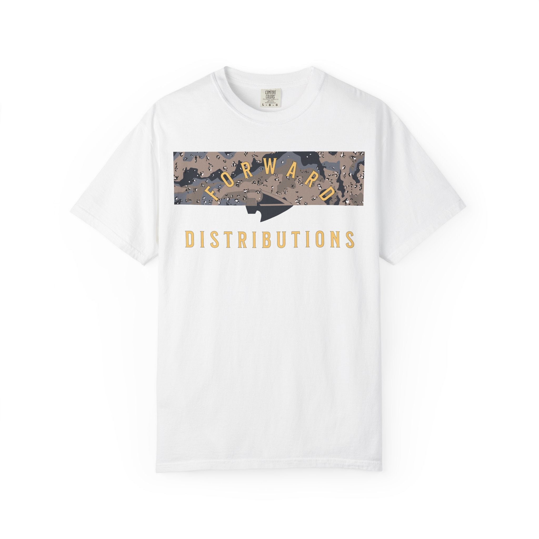 White Forward Distributions Logo T-Shirt with Blueberry Chip Split Camo Block