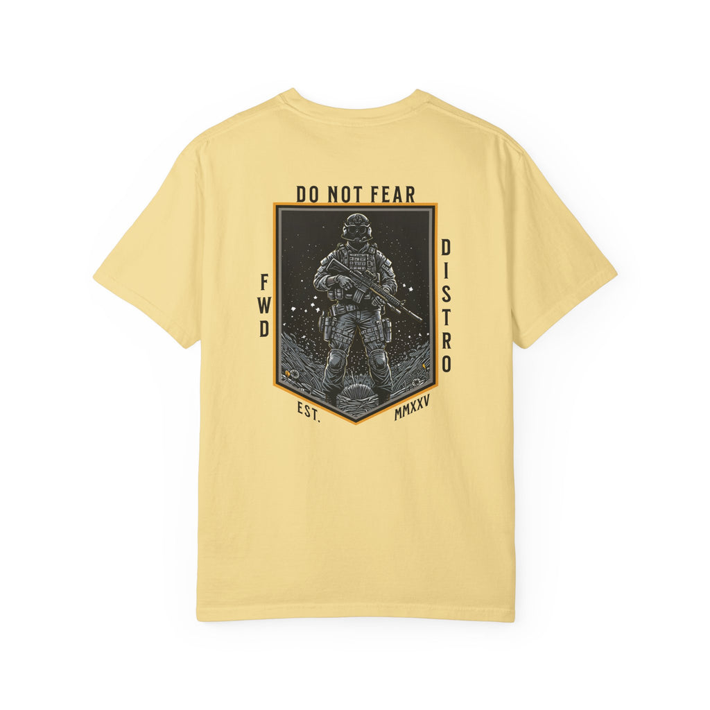 Butter heavyweight cotton T-shirt with Soldier holding rifle graphic and Do Not Fear text design on back.