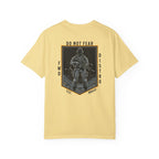 Butter heavyweight cotton T-shirt with Soldier holding rifle graphic and Do Not Fear text design on back.