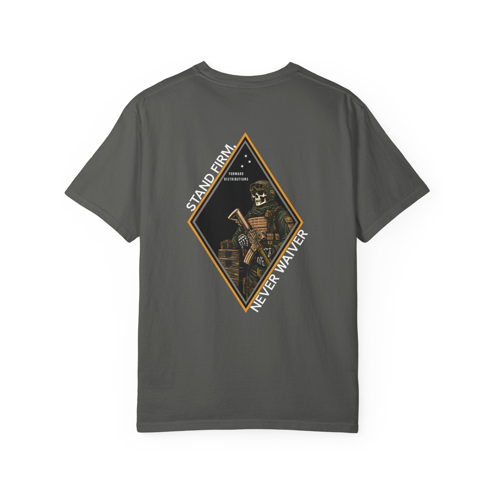 Pepper t-shirt with Skeleton graphic design on a Diamond shaped graphic with Sand Firm Never Waiver text. 