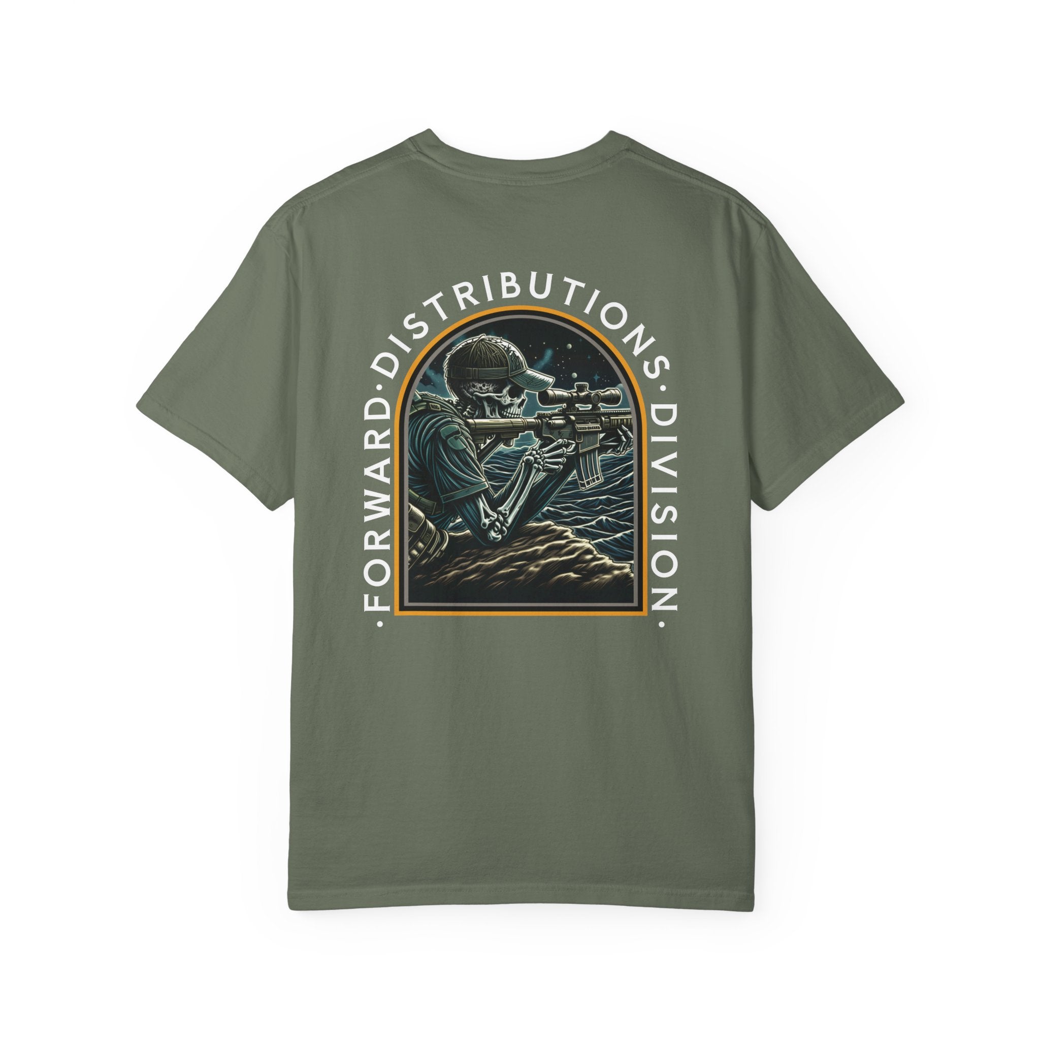 Moss FDD Arch II t-shirt with a skeleton sniper design and "Forward Distributions Division" text on back.