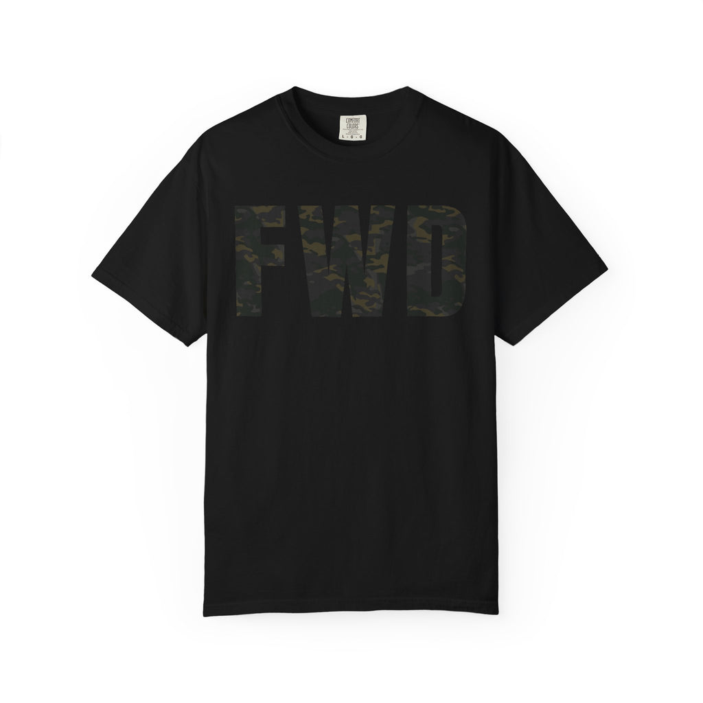 Black heavyweight cotton t-shirt with multicam camo "FWD" text, relaxed fit and rib collar, garment-dyed finish.