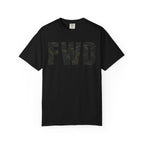 Black heavyweight cotton t-shirt with multicam camo "FWD" text, relaxed fit and rib collar, garment-dyed finish.