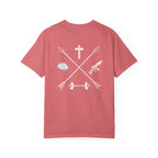 Watermelon Balanced Life t-shirt featuring crossed arrows with a cross, brain, dumbbell, and rifle graphic on back.