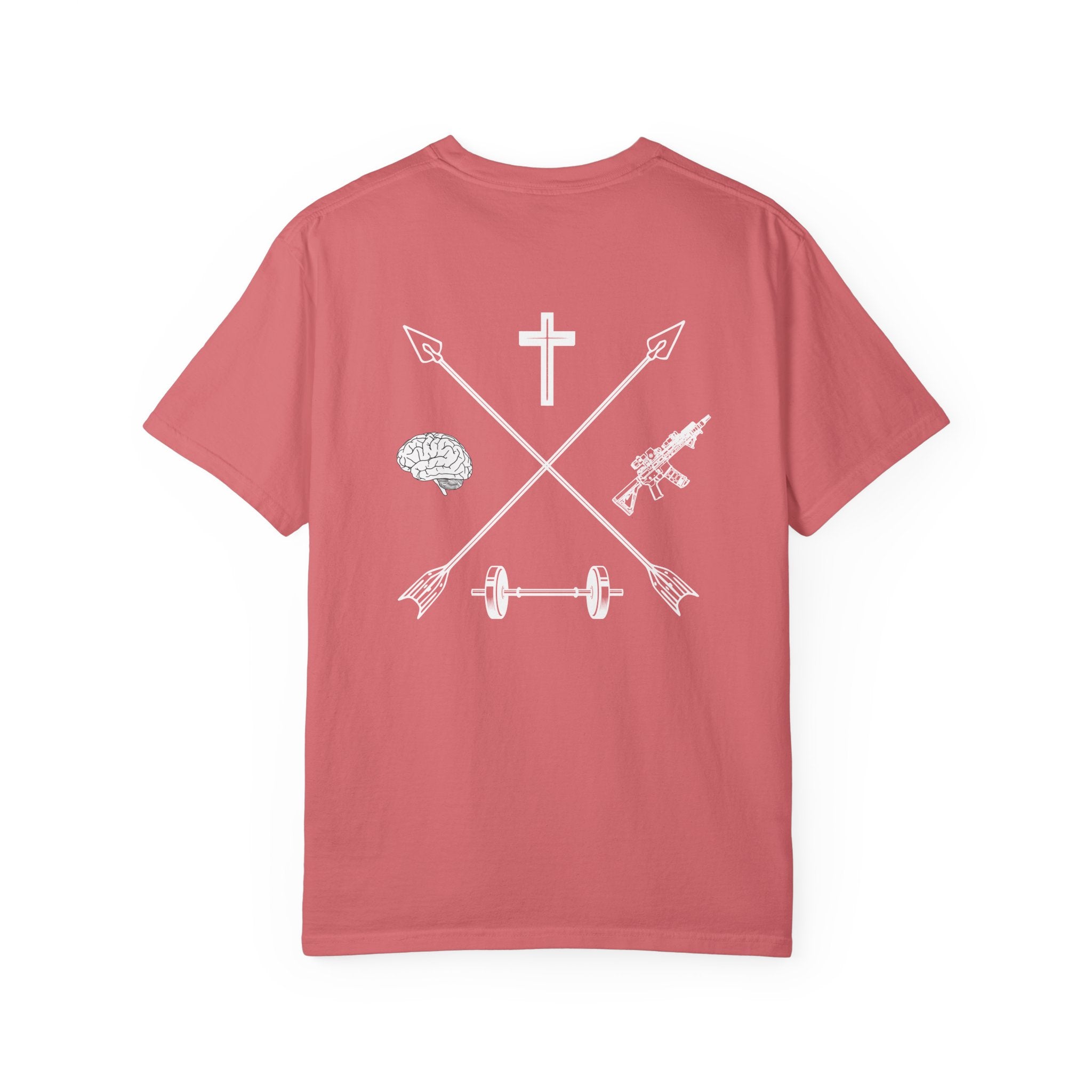 Watermelon Balanced Life t-shirt featuring crossed arrows with a cross, brain, dumbbell, and rifle graphic on back.