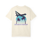 Ivory heavyweight cotton t-shirt with retro airplane, palm trees, and "Remote Vacay" text graphic on back.