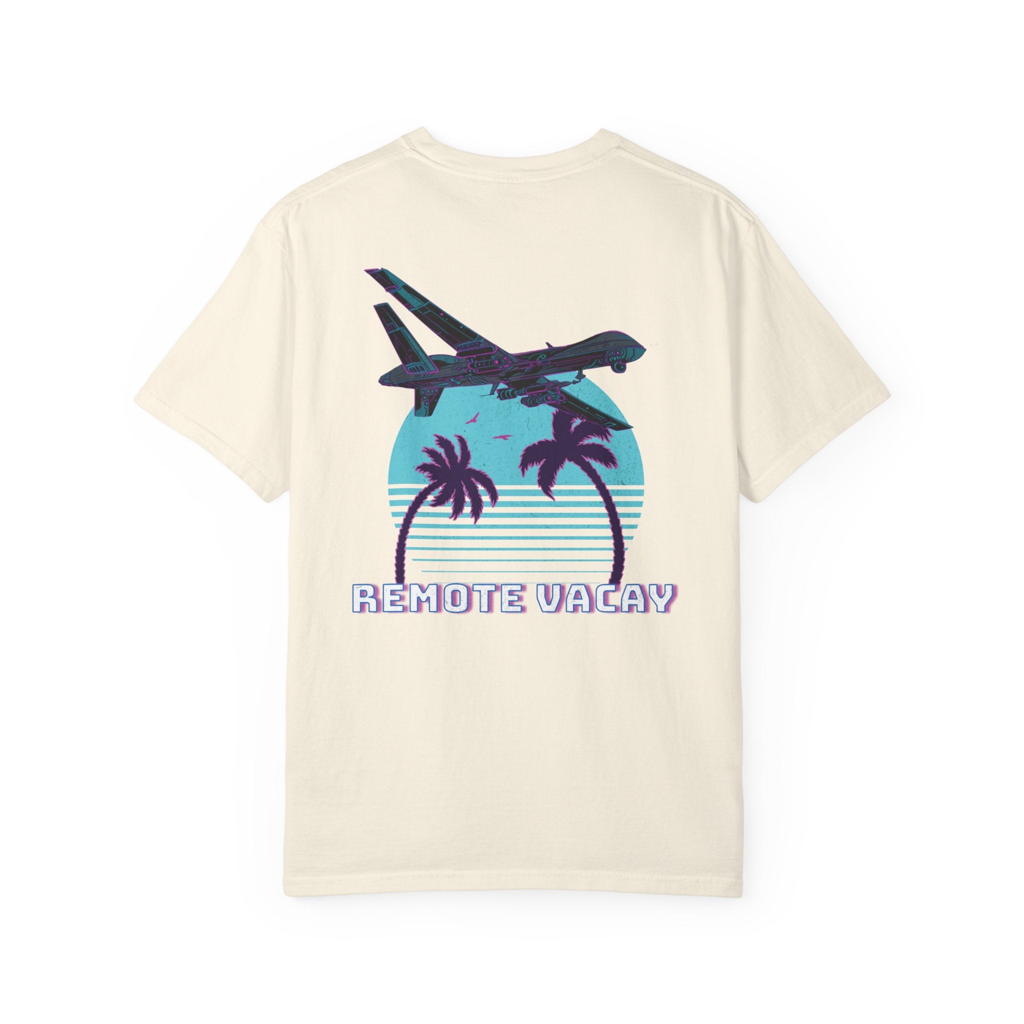 Ivory heavyweight cotton t-shirt with retro airplane, palm trees, and "Remote Vacay" text graphic on back.