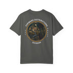 Pepper t-shirt with a circular graphic design with a soldier wearing a helmet and tactical gear, with text around the design reading "FORWARD DISTRIBUTIONS DIVISION."