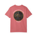 Watermelon t-shirt with a circular graphic design with a soldier wearing a helmet and tactical gear, with text around the design reading "FORWARD DISTRIBUTIONS DIVISION."