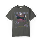 Pepper Ghostrider AC130J graphic t-shirt with futuristic aircraft and space-themed design elements
