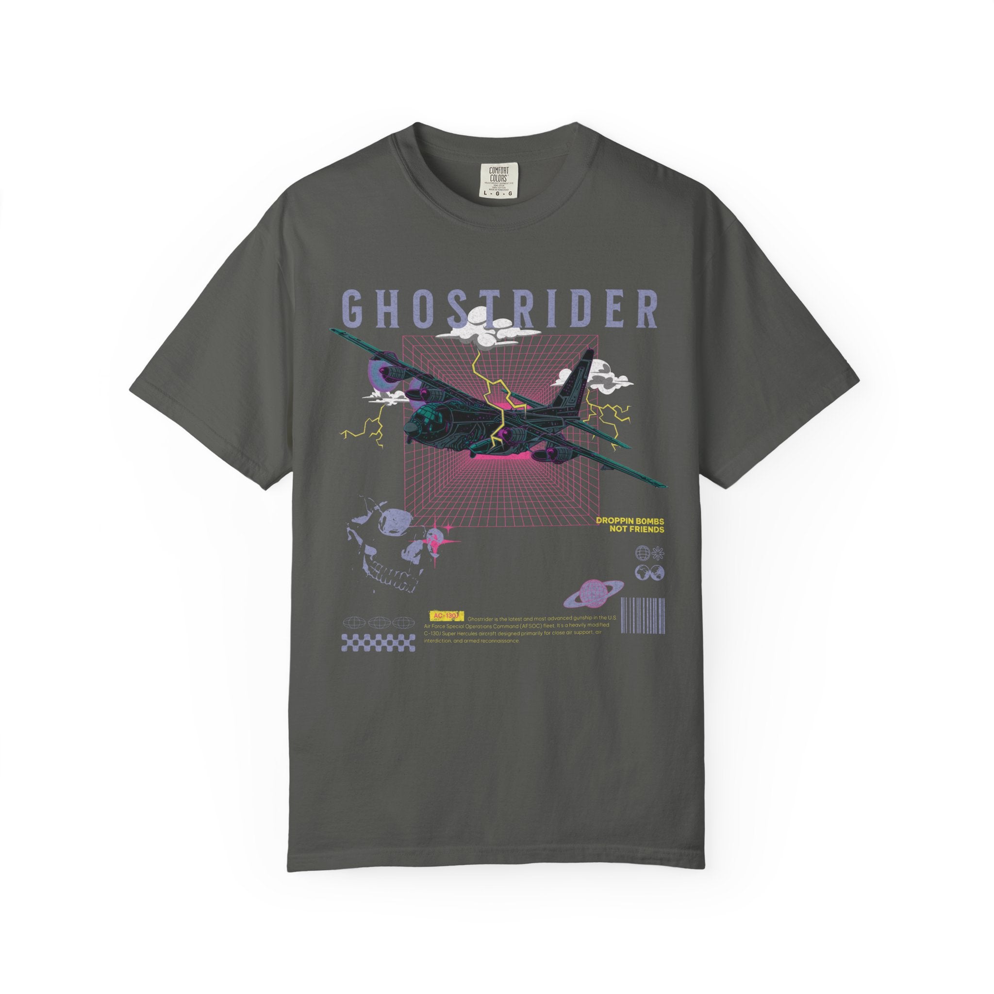 Pepper Ghostrider AC130J graphic t-shirt with futuristic aircraft and space-themed design elements