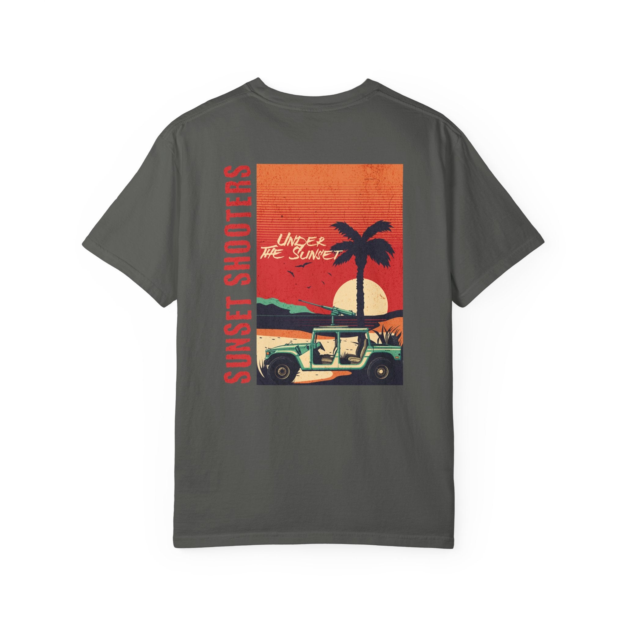 Pepper Gray t-shirt with a graphic design of a sunset, palm tree, and jeep.