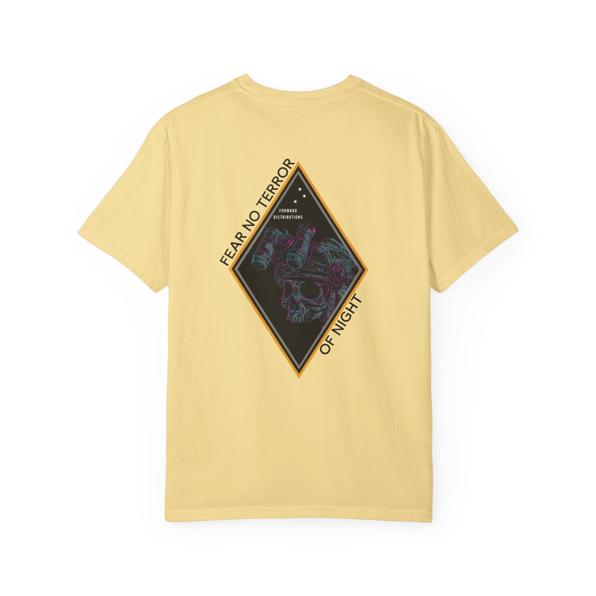 Butter heavyweight cotton t-shirt with Fear No Terror of Night graphic featuring skull and night vision goggles design.