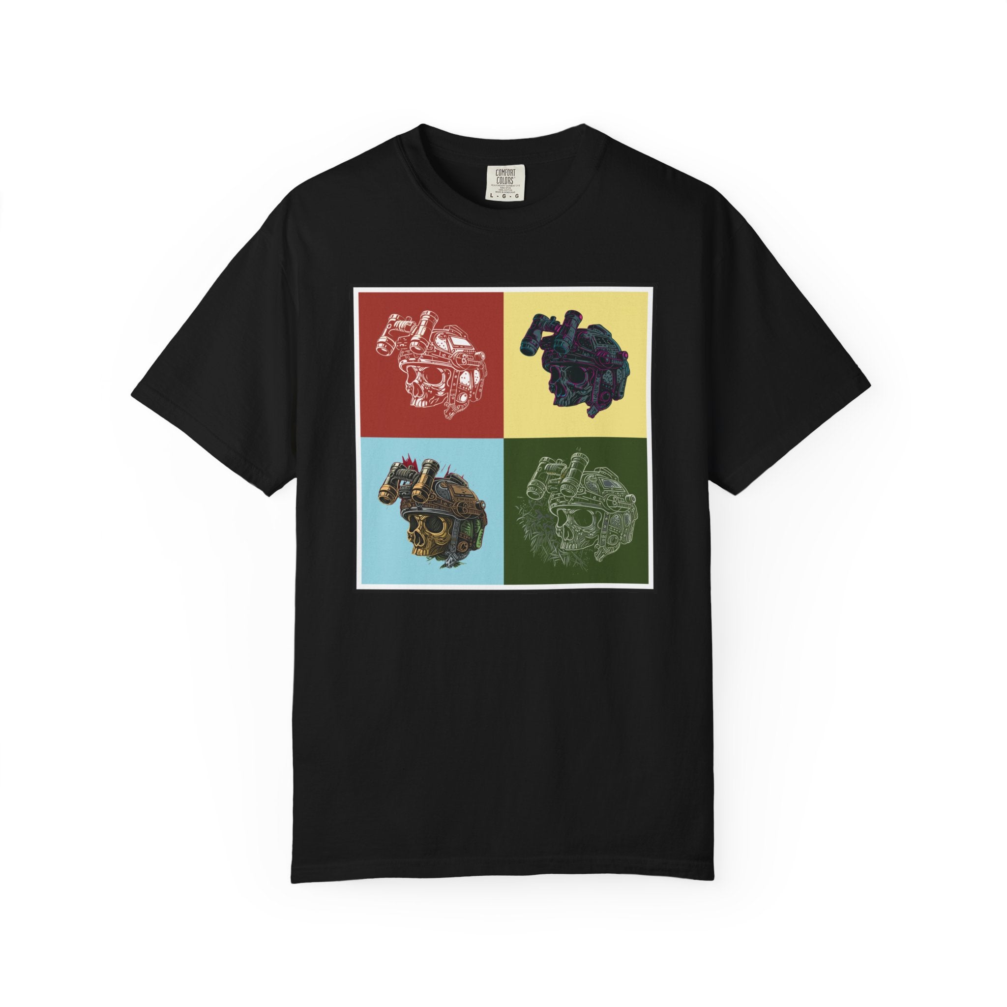 Black Pop ART t-shirt with four colorful pop art style mechanical skull designs on front.