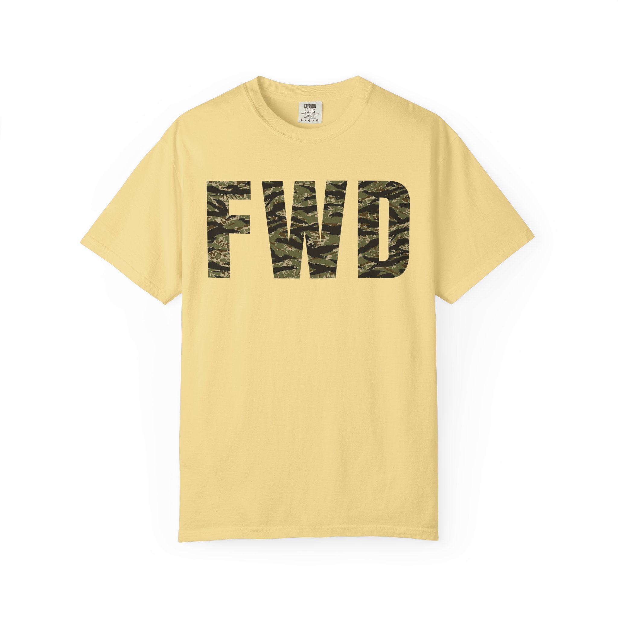 Butter heavyweight cotton t-shirt with tiger stripe FWD logo printed on the front in classic relaxed fit design.