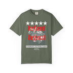Moss heavyweight cotton t-shirt with five stars, "Defiant" text, and a Operator skull with Night Vision graphic design
