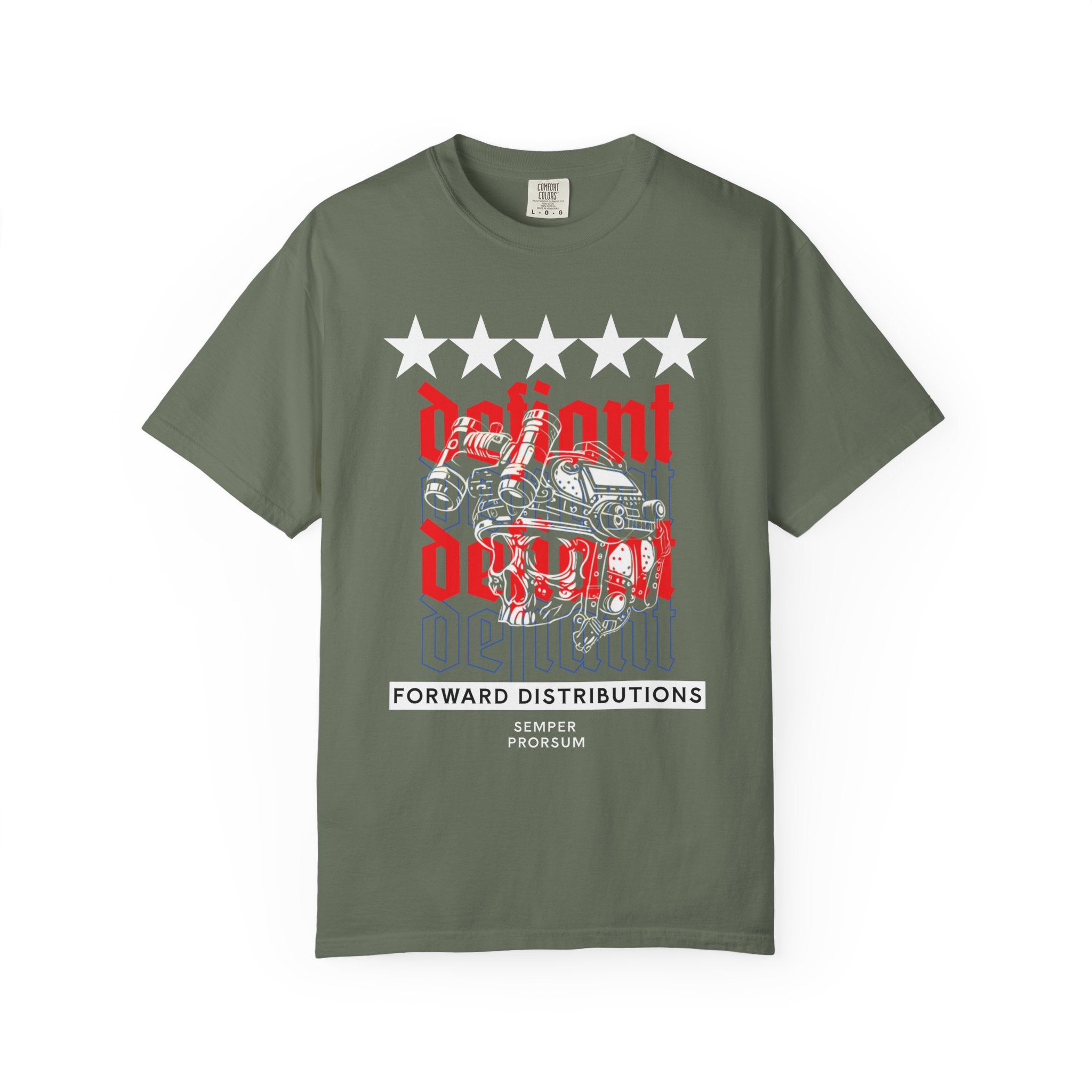 Moss heavyweight cotton t-shirt with five stars, "Defiant" text, and a Operator skull with Night Vision graphic design