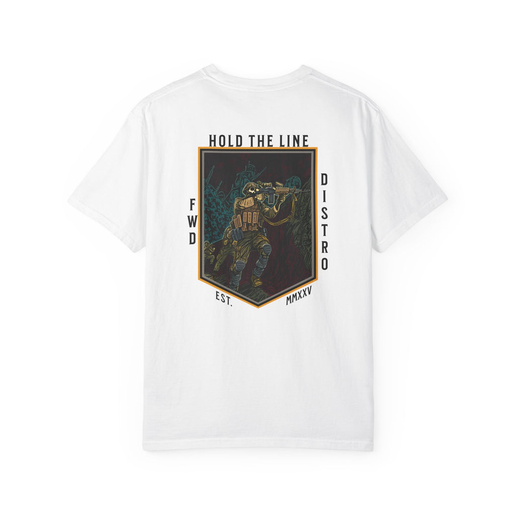 White Heavyweight t-shirt with a soldier firing over a bunker with text Hold The Line.