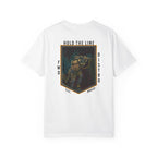 White Heavyweight t-shirt with a soldier firing over a bunker with text Hold The Line.
