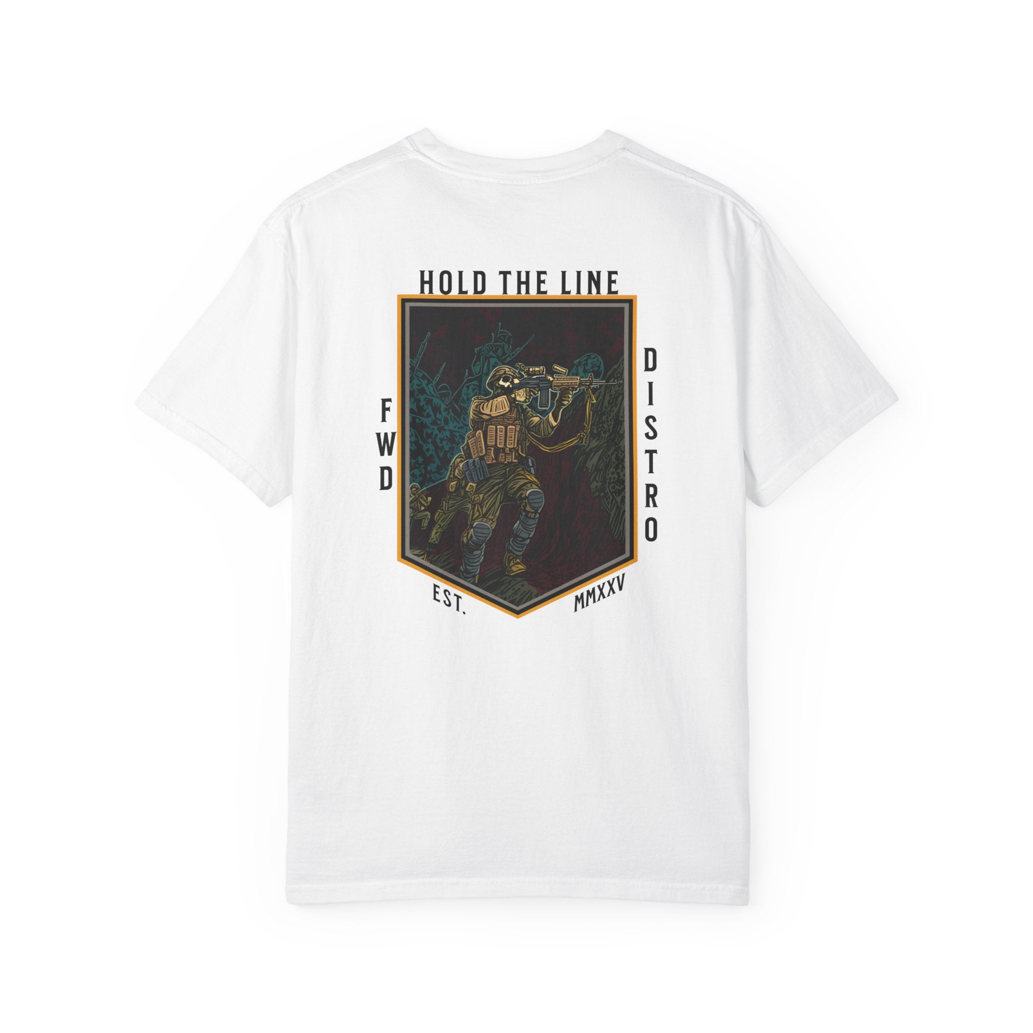 White Heavyweight t-shirt with a soldier firing over a bunker with text Hold The Line.