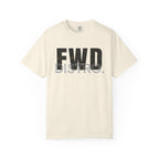 Ivory heavyweight cotton t-shirt with FWD Distro logo in multicam camouflage print on front