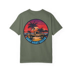 Moss t-shirt with a sunset beach graphic featuring palm trees, a jeep, and "Last Light Recon" text on the back.