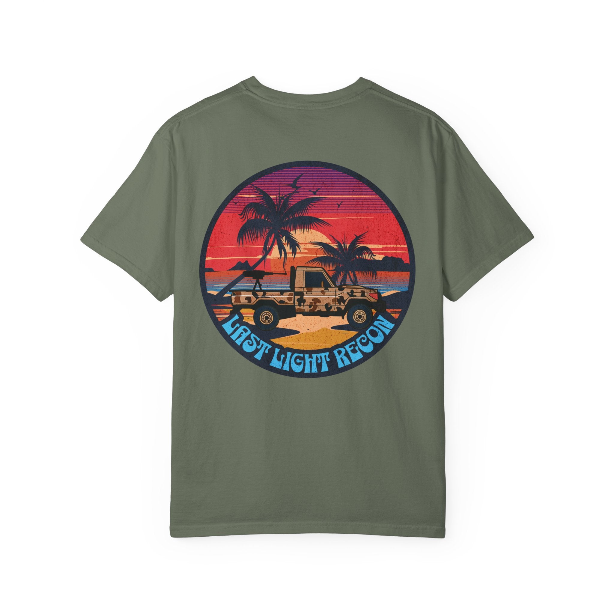 Moss t-shirt with a sunset beach graphic featuring palm trees, a jeep, and "Last Light Recon" text on the back.